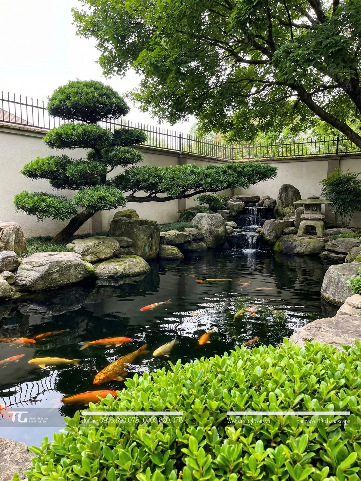 Naturalistic koi pond with stone edging